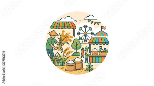 Tableau sur toile Farmer Harvesting Rice at a Rural Fair Market Illustration