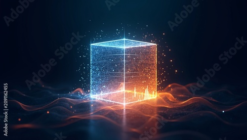 Holographic glowing data cube floating over wavy particle terrain