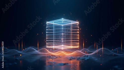 Glowing wireframe digital cube above particle wave data terrain