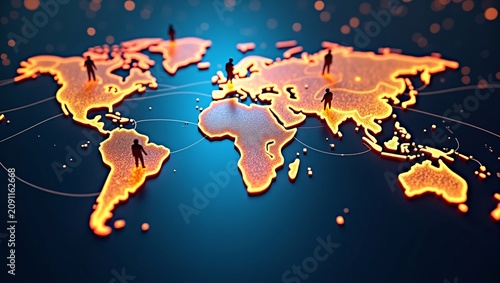 Neon lit digital world map with tiny human figures and global connection lines
