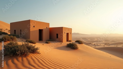 Two minimalist adobe cubes on rippled golden desert dunes