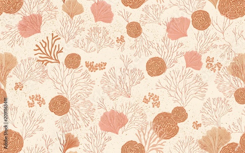 Seamless pattern with handdrawn coral reef elements in soft earth tones