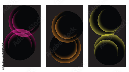 Glowing neon circles, abstract shapes, black background, colorful illustrations, modern design elements