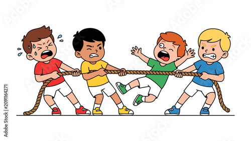 Bild auf Leinwand Tug of War Showdown: Energetic children engage in a spirited tug of war, their faces a mixture of determination, effort, and playful competition as they pull with all their might