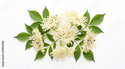 Fresh elderberry flowers and green leaves arranged on a white background, showcasing delicate white blossoms and natural spring herbal botanical elements