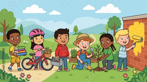 Happy kids gardening and painting together