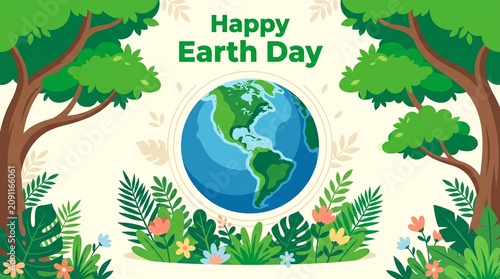 Happy earth day illustration with globe and trees