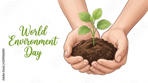 Hands holding small green plant for world environment day