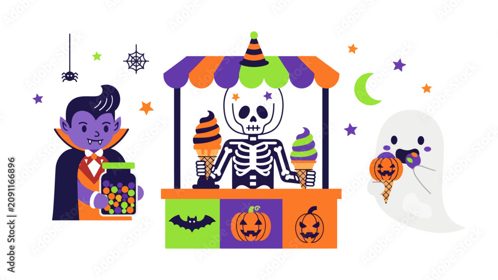 Naklejka premium Spooky Sweet Treats: A whimsical Halloween scene featuring a vampire, a skeleton ice cream vendor, and a playful ghost enjoying sweet treats, evoking the fun and festive spirit of the holiday.