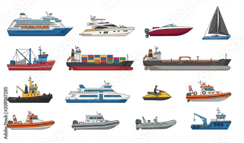 Foto Sea transport collection with ships boats and watercraft isolated on white backg