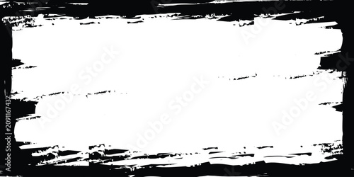 Black grunge paint brush frame. Distressed ink border texture. Abstract artistic rectangular overlay vector design.