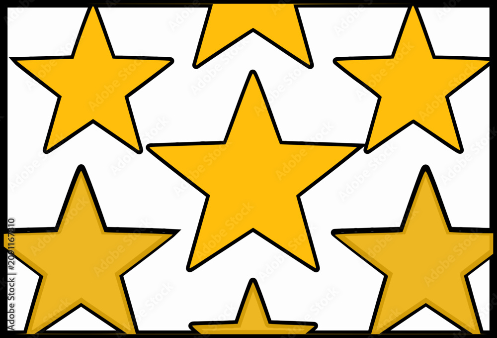 Fototapeta premium Seamless repeating pattern of hand-drawn yellow five-pointed stars with bold black outlines, set on a clean white background. Playful simple design perfect for decorations, stationery, textiles, party