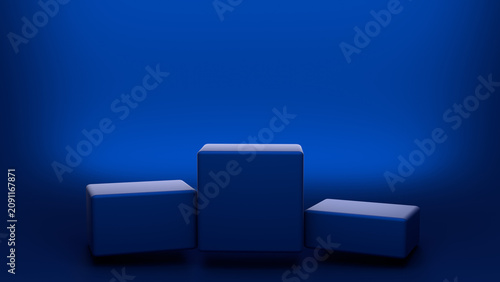 Blue podiums or pedestals for product display against a blue background with low platforms. 3D visualization. Blank background for product display.