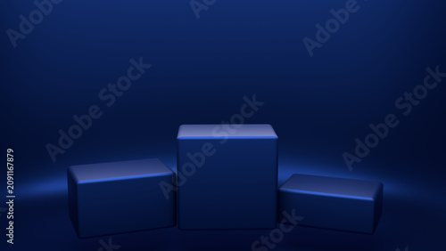 Blue podiums or pedestals for product display against a blue background with low platforms. 3D visualization. Blank background for product display.
