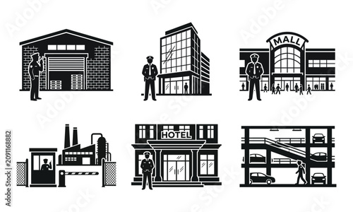 Fotografie Set of black and white icons featuring security guards standing in front of vari