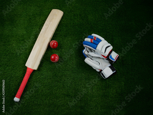 Cricket bat, balls and gloves on green grass for sports equipment and playing concept