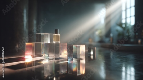 Elegant Perfume Display: A minimalist perfume bottle sits atop a cluster of clear acrylic cubes, with soft light rays illuminating the scene, creating a luxurious and serene atmosphere.