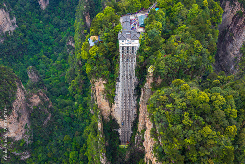 Aerial View of  Bailong Elevator in Zhangjiajie National Forest Park, Wulingyuan, Hunan Province, China