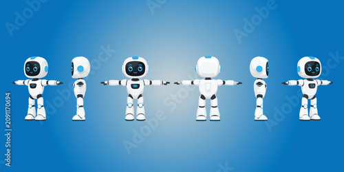 a cute friendly companion robot character in 6 different views: front, side, three-quarter, and back poses. Modern minimalist flat design style. White and blue color scheme, friendly expression, T-pos