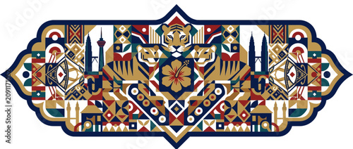 Malaysian Cultural Pattern with Tigers and Hibiscus Flower
