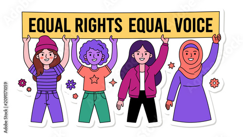 Tableau sur toile Equality Advocates: A group of diverse women holding a banner that reads Equal Rights Equal Voice, advocating for gender equality and social justice