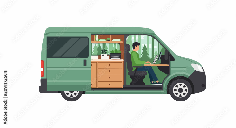 Obraz premium Digital Nomad Working on Laptop in Mobile Office Camper Van, Remote Work and Van Life Vector Illustration Isolated on White