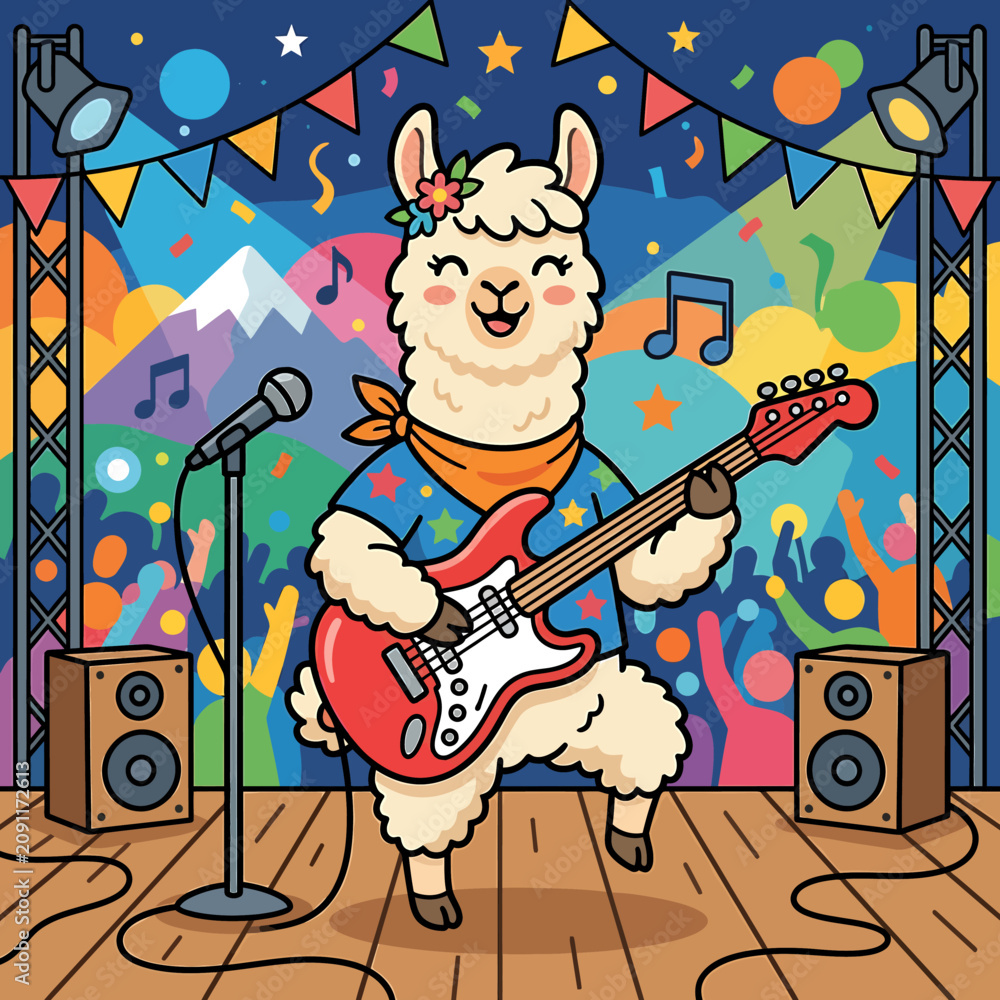 Fototapeta premium Cute cartoon llama playing electric guitar on a colorful concert stage with a cheering crowd.