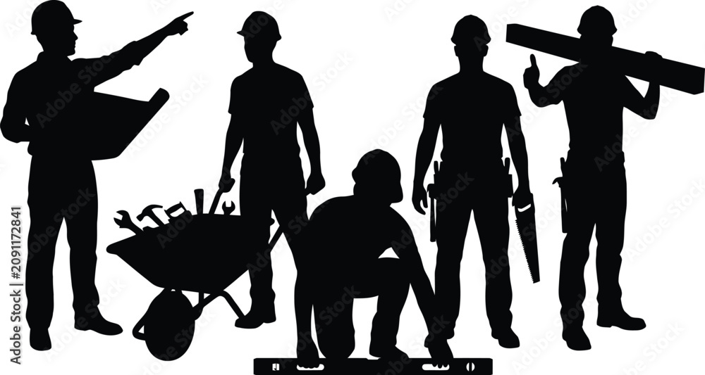 Naklejka premium Silhouette of construction crew working with building tools