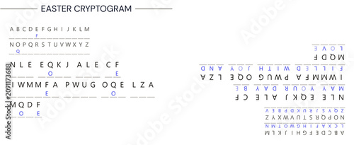 Easter crypto substitution puzzle on white with alphabet key, decoding clue. Crypto substitution offers mental challenge, requiring logical thinking, pattern recognition.
