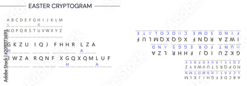 Easter substitution cipher presented with alphabet grid and encoded text. This challenging cryptographic puzzle requires decoding skills.