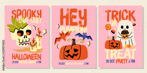 Halloween pumpkin and cute ghost hand drawn vector movie party poster