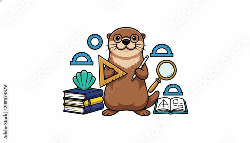 Cute cartoon otter student with books and school supplies.