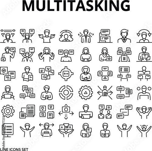 Collection of multitasking line set featuring people managing multiple tasks and projects for business productivity and efficient workflow