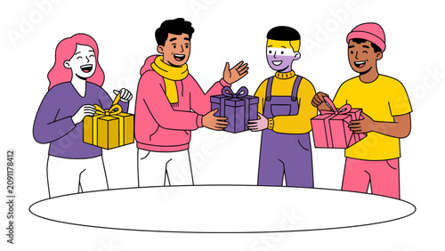 Joyful Gift Exchange: Four friends, young adults, stand around a table exchanging colorful gift boxes, their faces alight with happiness and excitement, celebrating friendship and generosity.