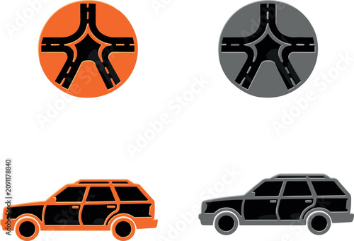 Car and crossroads roundabout junction vector icons set, automotive transportation navigation symbols collection, vector illustrationC