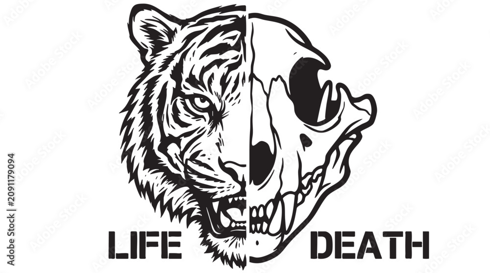 Fototapeta premium Tiger head, skull, life and death concept, black and white vector, illustration