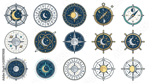Vászonkép Clean Vintage Style Compass Designs Featuring Celestial Bodies Zodiac Signs and