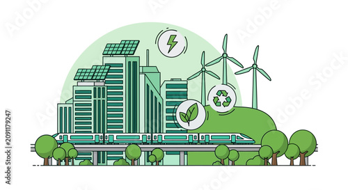 Eco friendly modern city with renewable energy infrastructure and high speed train.