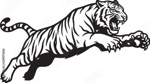 Canvastavla Black and white tiger, dynamic animal illustration, fierce beast, vector graphic
