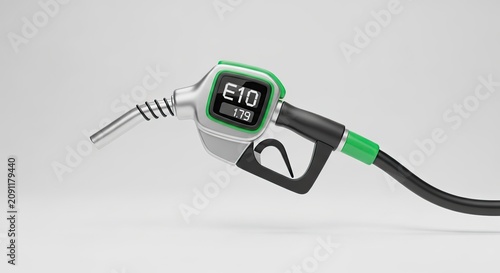 A green and black gas pump nozzle with a digital display showing 'E10' and '1.79' on a white background.