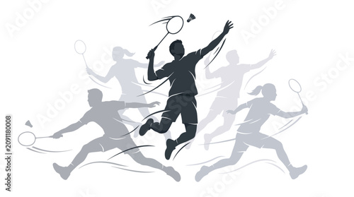 Group of athletic badminton players performing dynamic jumps and swings in a modern minimalist style illustration