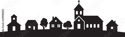 Foto Black silhouette of small town landscape on transparent background featuring houses trees and church with steeple on hilly horizon