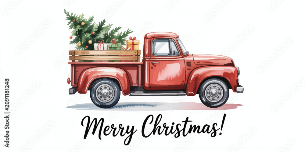 Fototapeta premium Red classic pickup truck carrying christmas tree and gift boxes with merry christmas text greeting isolated on white background.
