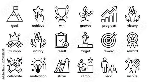 Achievement and success motivation linear icon set featuring symbols for goal victory triumph reward motivation strive climb leadership and personal growth concepts.