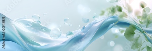 Glossy blue water ribbon banner background with flowing droplets and green leaves for natural health and promotional design