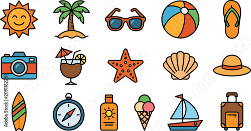 Fotografía Colorful Summer Vacation Elements Icon Set Flat Design Vector Illustration