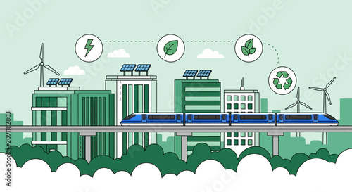 Modern eco friendly smart city with train and renewable energy.