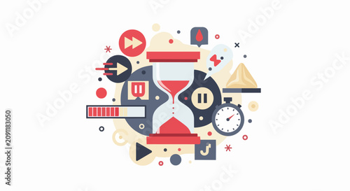 Modern Time Management and Productivity Concept Illustration with Hourglass, Stopwatch, Loading Bar, and Multimedia Symbols for Efficiency and Deadlines