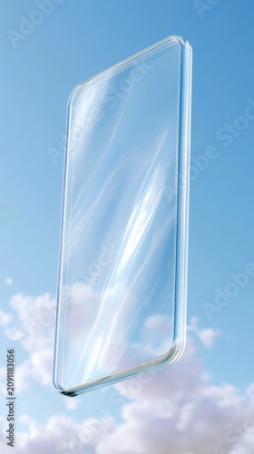 Transparent floating smartphone in blue sky with soft clouds for futuristic background and app interface design