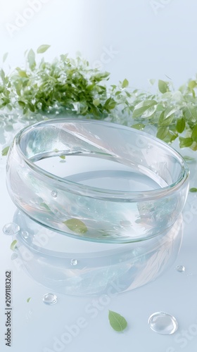Clear transparent wearable bracelet with floating leaves and glass droplets for product mockup background and promotional banner design